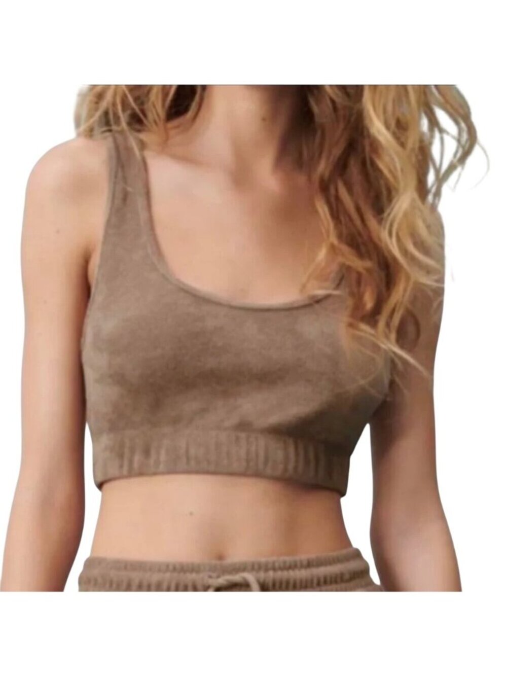 Zara Crop Top Brown Large Terry Cloth Scoop Neck Sleeveless Brown Lounge Neutral